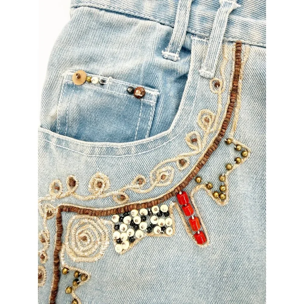 JOU JOU VTG 80s Denim Blue Embellished Long Jean Short 11/12 - Picture 3 of 13